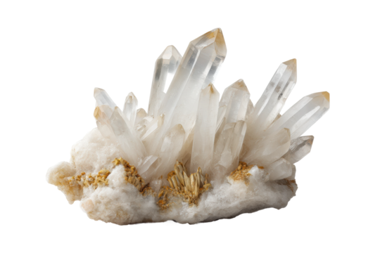 PNG Stunning clear quartz crystal cluster with golden accents