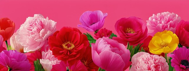 Obraz premium Vibrant Bouquet of Flowers in Various Colors Against a Pink Background