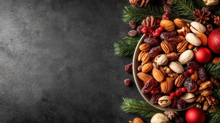 This image features an artistic arrangement of assorted nuts and seasonal decorations, showcasing warmth and festivity, ideal for holiday-themed food presentation and recipes.