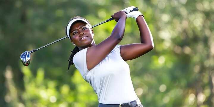action photo of black female golfer swinging club