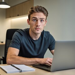 serious young man in glasses working on laptop at office
