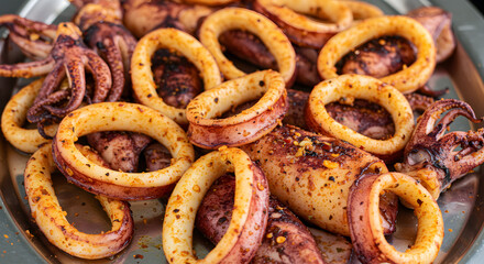 Delicious Grilled Calamari Rings and Tentacles Seafood Dish Close Up