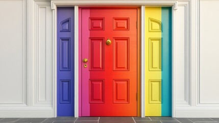 Obraz premium Colorful front door with rainbow stripes, surrounded by white wall paneling, in a minimalistic and stylized design