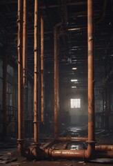 Rusty pipes drip in a dimly lit, abandoned factory  ,  metal,  factory,  weathered