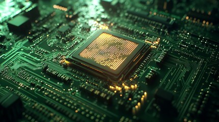 Closeup view of a modern computer processor circuit board glowing green and gold chip data light