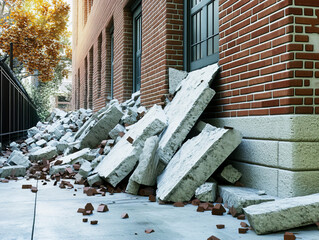 Debris piled against a building in an urban area after structural damage caused by an unknown event during daylight hours