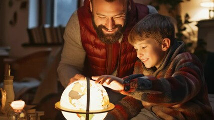 Father and son discovering illuminated globe, sharing intimate moment near soft lamp, highlighting familial connection and curiosity during quiet evening at home - Powered by Adobe
