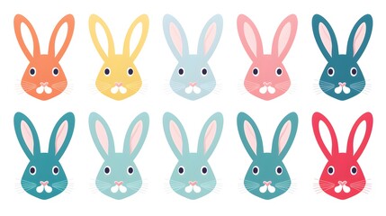 Obraz premium Set of Eight Stylized Colorful Easter Rabbit Faces Isolated for Seasonal Design Projects
