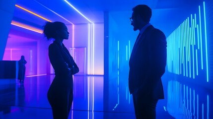 Business Discussion in Modern Office: A silhouette of two professionals engaged in an intense business discussion, illuminated by the cool blue neon lights of a contemporary office space.