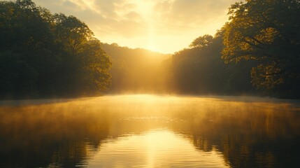 Golden sunrise over misty river