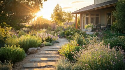 Fototapeta premium Sun-Kissed Garden Path Leading to a Tranquil Home at Golden Hour