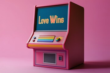 Stylized retro arcade machine with pink body, rainbow buttons, and screen displaying 'Love Wins' against a pink background