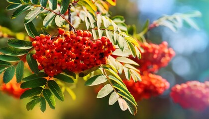 sorbus aucuparia rowan berries on branch closeup selective focus