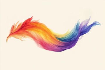 Minimalist theater playbill cover featuring a colorful, flowing feather-like design in rainbow hues on a light background