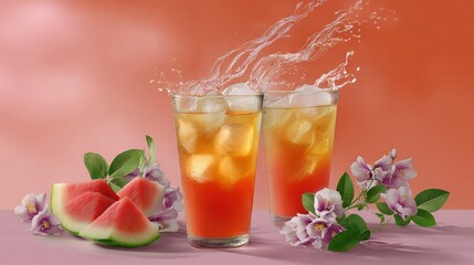   Two glasses of watermelon with a slice nearby on a pink background