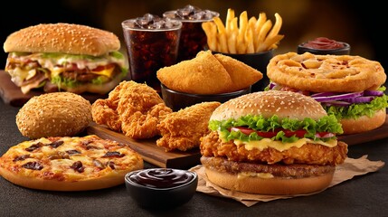 Delicious Fast Food Feast: Burgers, Pizza, Fries, Chicken Nuggets, and Onion Rings