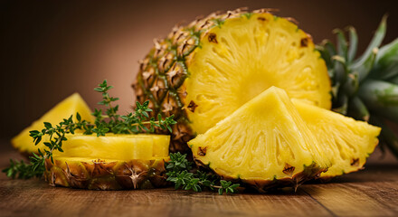 Juicy Pineapple Slices Displayed With Fresh Herbs On Rustic Wooden Surface