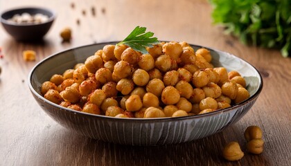 roasted chickpeas in bowl on wooden table stock photo