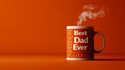 Minimalist vector mockup of a coffee mug with steam, red background, and text 'Best Dad Ever' on the mug