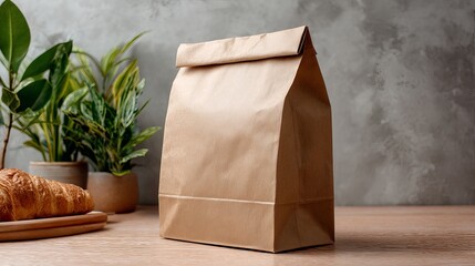Eco-Friendly Brown Paper Lunch Bag Mockup near Plants and Pastry on Wooden Table