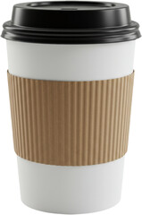 Disposable coffee cup with cardboard sleeve and black lid  