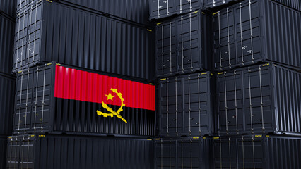 Cargo shipping container with angola flag, shipping and freight transportation of angola concept.