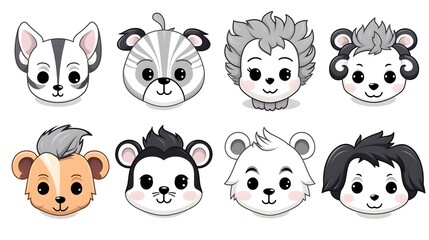 Professional Set of Grayscale Cute Wild Animal Heads Cartoon Design for Creative Projects