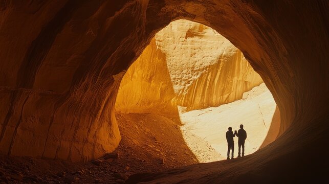 the curved shadows of ancient arches inside a canyon gorge aligning to form an abstract silhouette of two figures reaching toward one another - Powered by Adobe