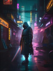 Mysterious figure in a neon-lit alley