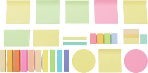 Colorful sticky notes in various shapes and sizes on white background  