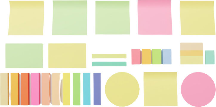 Colorful sticky notes in various shapes and sizes on white background  