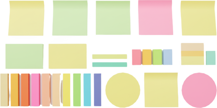 Colorful sticky notes in various shapes and sizes on white background  