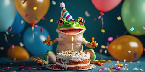 photo of frog wearing birthday hat with birthday cake with one single candle, confetti, balloons, isolated on solid background -