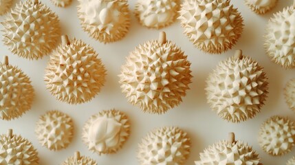 Obraz premium Durian fruit concept with creative flat lay composition of pulp and shell on clean white background tropical food art