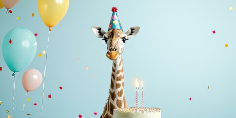 photo of giraffe wearing birthday hat with birthday cake with one single candle, confetti, balloons, isolated on solid background -