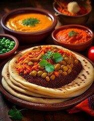Injera mit verschiedenen Dips aus &Auml;thiopien (Close-up)