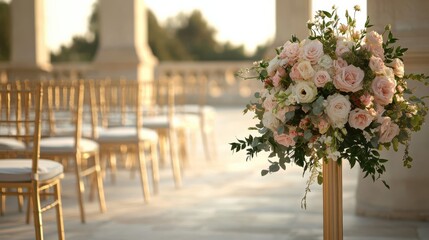 Elegant outdoor wedding setup with gold chairs and a large bouquet of pink and white flowers in sunlight.