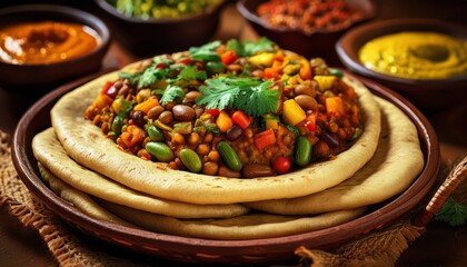 Injera mit verschiedenen Dips aus &Auml;thiopien (Close-up)