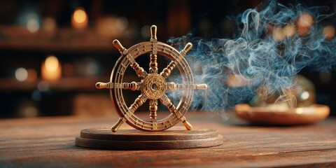 Obraz premium Peaceful dharma wheel on wooden table with incense smoke