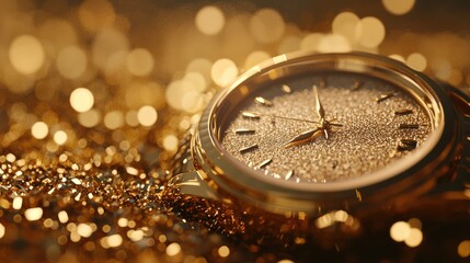 Elegant gold wristwatch with sparkling background, showcasing luxury and sophistication.
