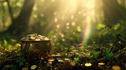 A pot of gold sits in a sunlit forest, surrounded by clovers and a rainbow, evoking themes of luck and magic.