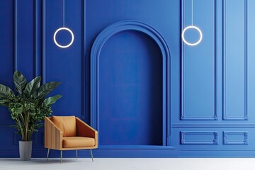Modern, vibrant blue interior with a stylish archway
