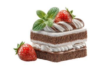 PNG Delicious layered chocolate cake with strawberries and mint leaves