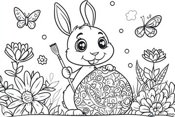 Cute Easter bunny holding a paintbrush while decorating a large patterned egg, surrounded by flowers and butterflies in a black and white springtime coloring page illustration.