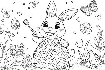 Fototapeta premium Cute Easter bunny holding a paintbrush while decorating a large patterned egg, surrounded by flowers and butterflies in a black and white springtime coloring page illustration.