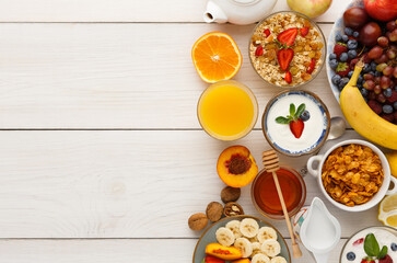 Rich continental breakfast menu background. Delicious natural food for tasty morning meals on...