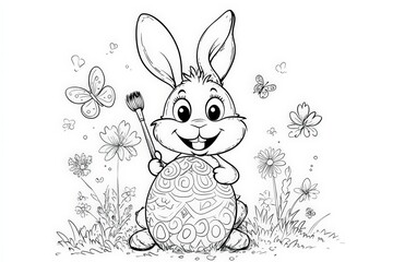 Black and white line art of an adorable Easter bunny holding a brush and painting a giant egg, surrounded by flowers and butterflies. Ideal for spring-themed kids&rsquo; coloring books.