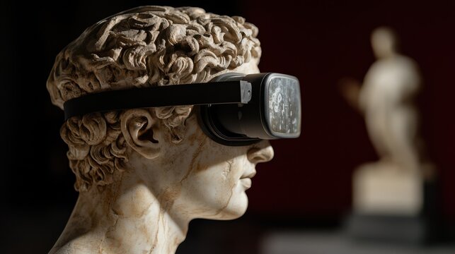A classical marble statue wearing modern virtual reality goggles, blending ancient art with futuristic technology.