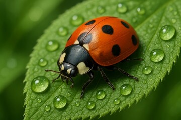 Fototapeta premium Close-up of a ladybug on a dewy green leaf with water droplets, showcasing nature's fine details and color contrast.