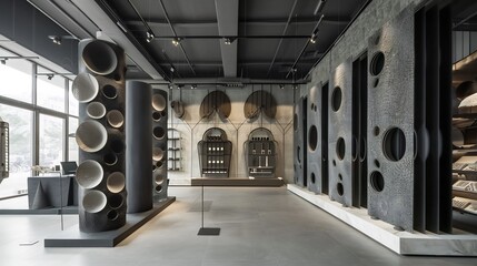 Design workshop that emphasizes stark contrasts between materials textures and forms The space features monochromatic models and full scale prototypes showcasing bold architectural statements